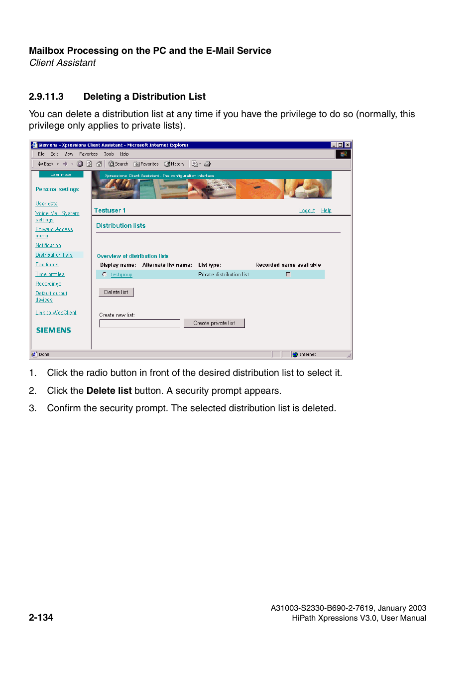 3 deleting a distribution list, 3 deleting a distribution list -134 | Siemens HiPath Xpressions Unified Messaging User Manual | Page 150 / 278