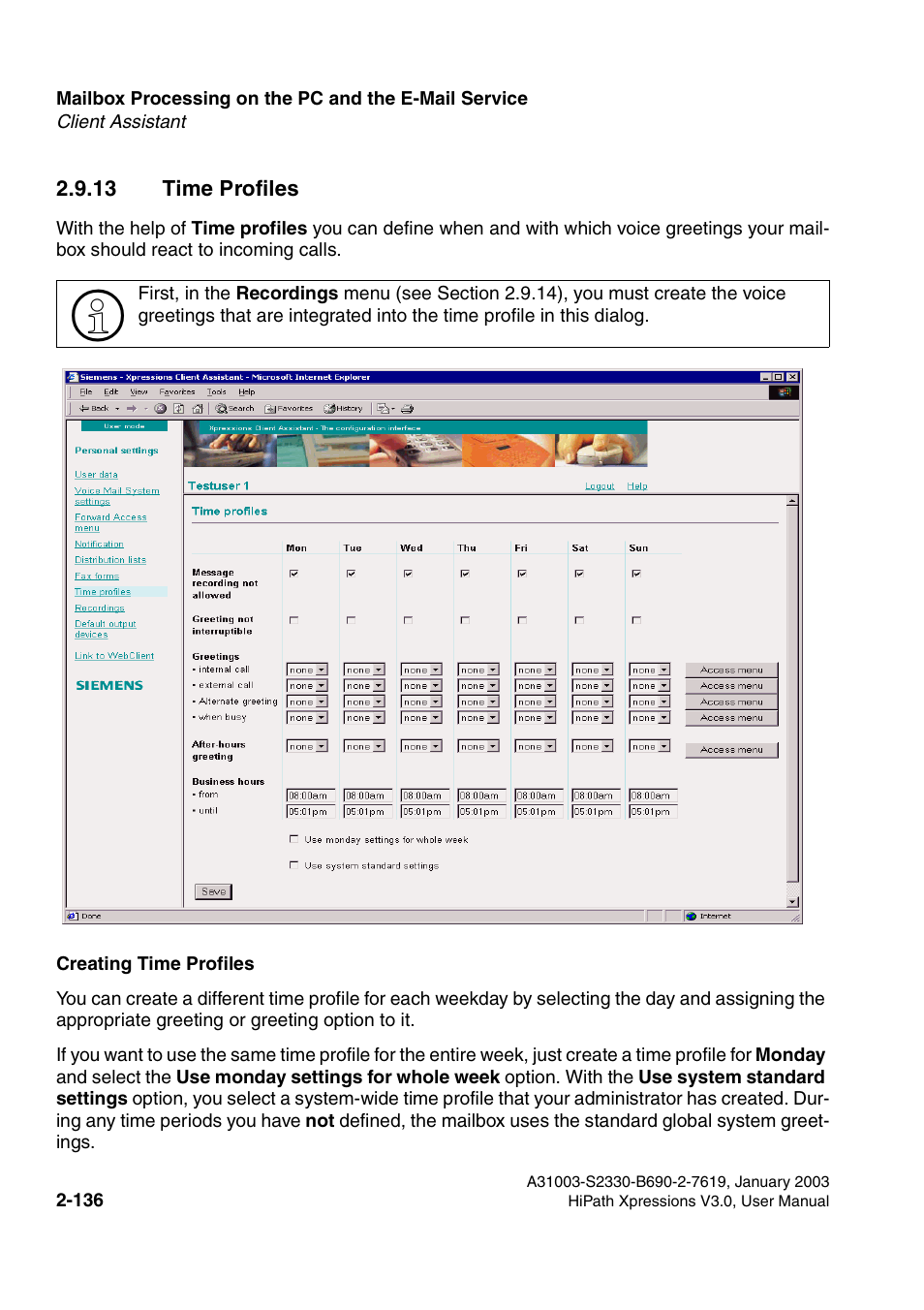 13 time profiles, 13 time profiles -136 | Siemens HiPath Xpressions Unified Messaging User Manual | Page 152 / 278