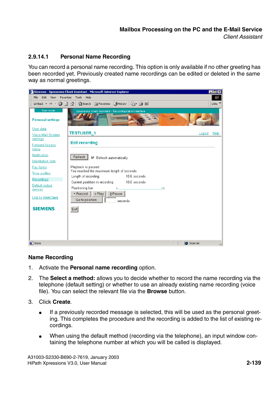 1 personal name recording, 1 personal name recording -139 | Siemens HiPath Xpressions Unified Messaging User Manual | Page 155 / 278