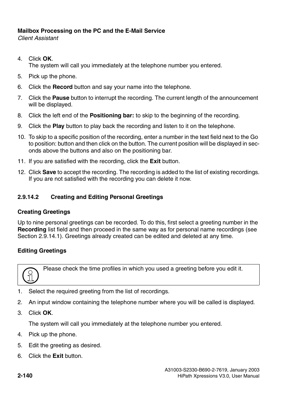 2 creating and editing personal greetings, 2 creating and editing personal greetings -140 | Siemens HiPath Xpressions Unified Messaging User Manual | Page 156 / 278