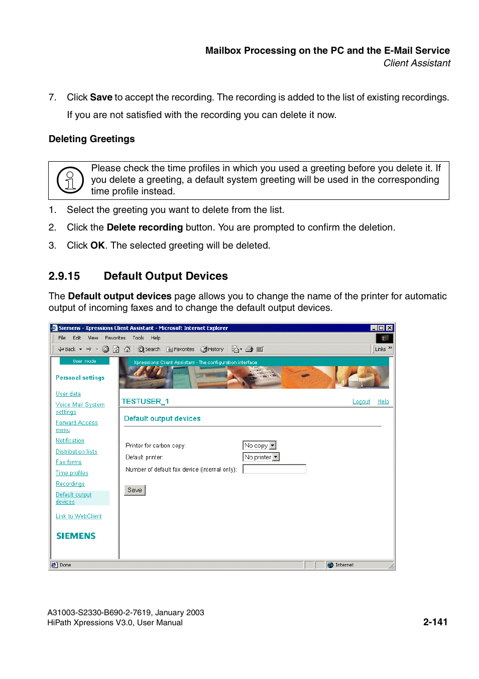 15 default output devices, 15 default output devices -141 | Siemens HiPath Xpressions Unified Messaging User Manual | Page 157 / 278