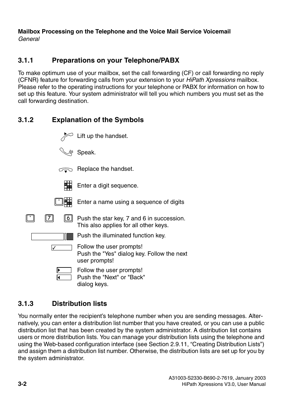 1 preparations on your telephone/pabx, 2 explanation of the symbols, 3 distribution lists | Siemens HiPath Xpressions Unified Messaging User Manual | Page 162 / 278