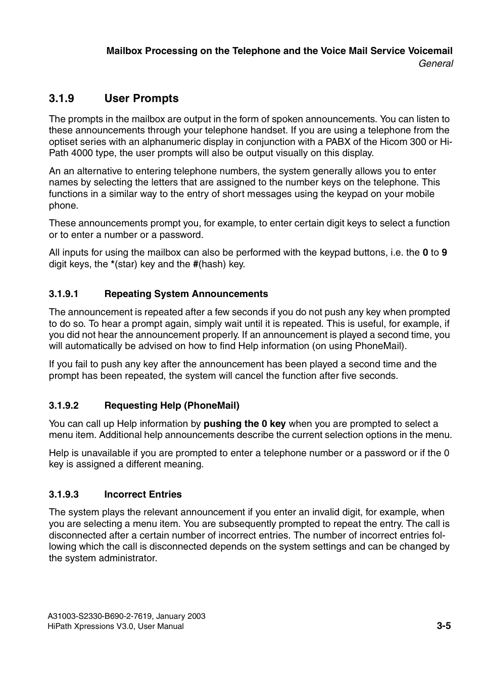 9 user prompts, 1 repeating system announcements, 2 requesting help (phonemail) | 3 incorrect entries, 9 user prompts -5 | Siemens HiPath Xpressions Unified Messaging User Manual | Page 165 / 278