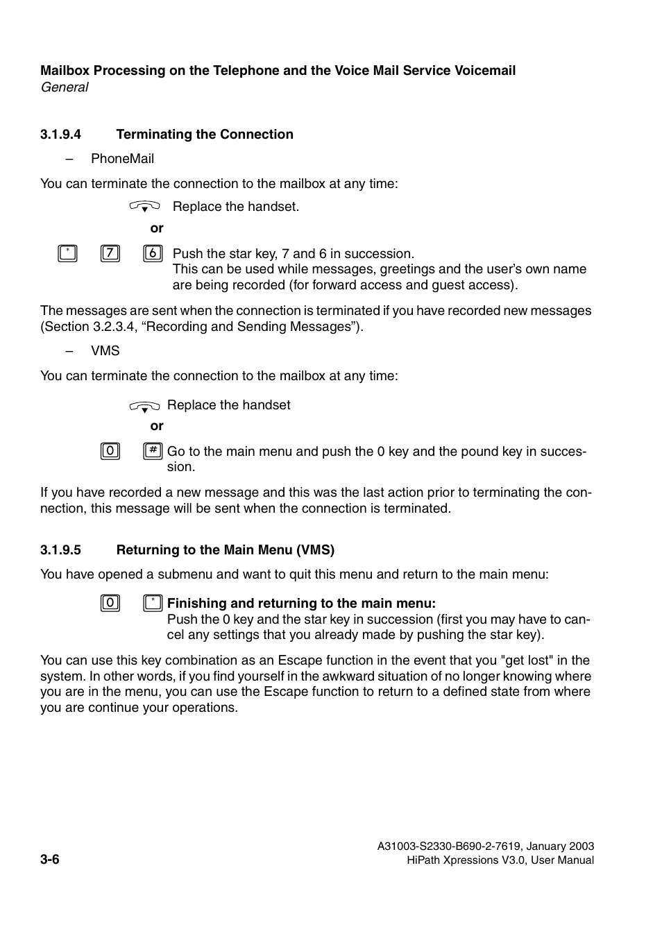 4 terminating the connection, 5 returning to the main menu (vms) | Siemens HiPath Xpressions Unified Messaging User Manual | Page 166 / 278