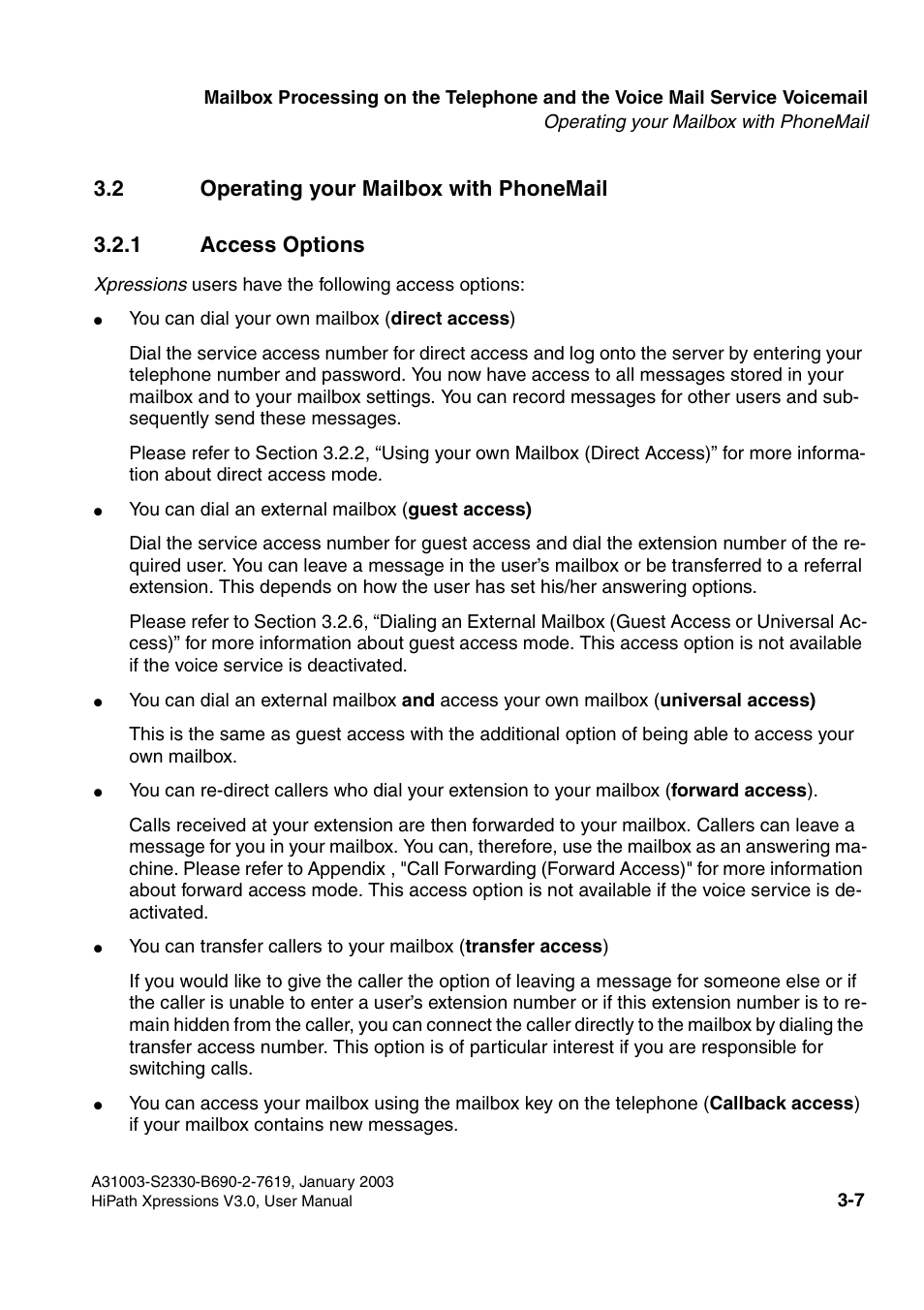 2 operating your mailbox with phonemail, 1 access options, 2 operating your mailbox with phonemail -7 | 1 access options -7, Section 3.2 | Siemens HiPath Xpressions Unified Messaging User Manual | Page 167 / 278