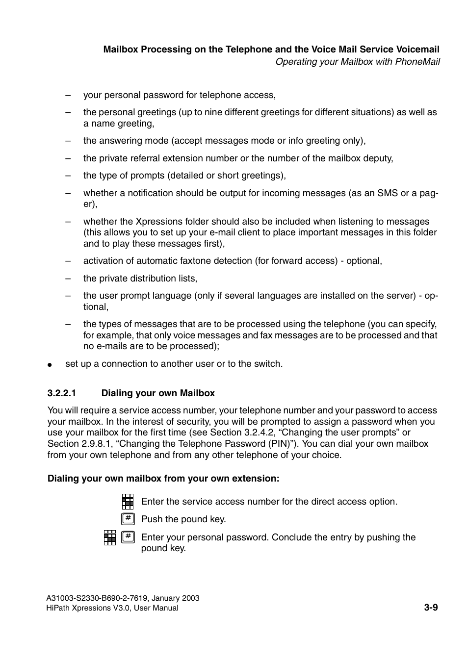 1 dialing your own mailbox, 1 dialing your own mailbox -9 | Siemens HiPath Xpressions Unified Messaging User Manual | Page 169 / 278