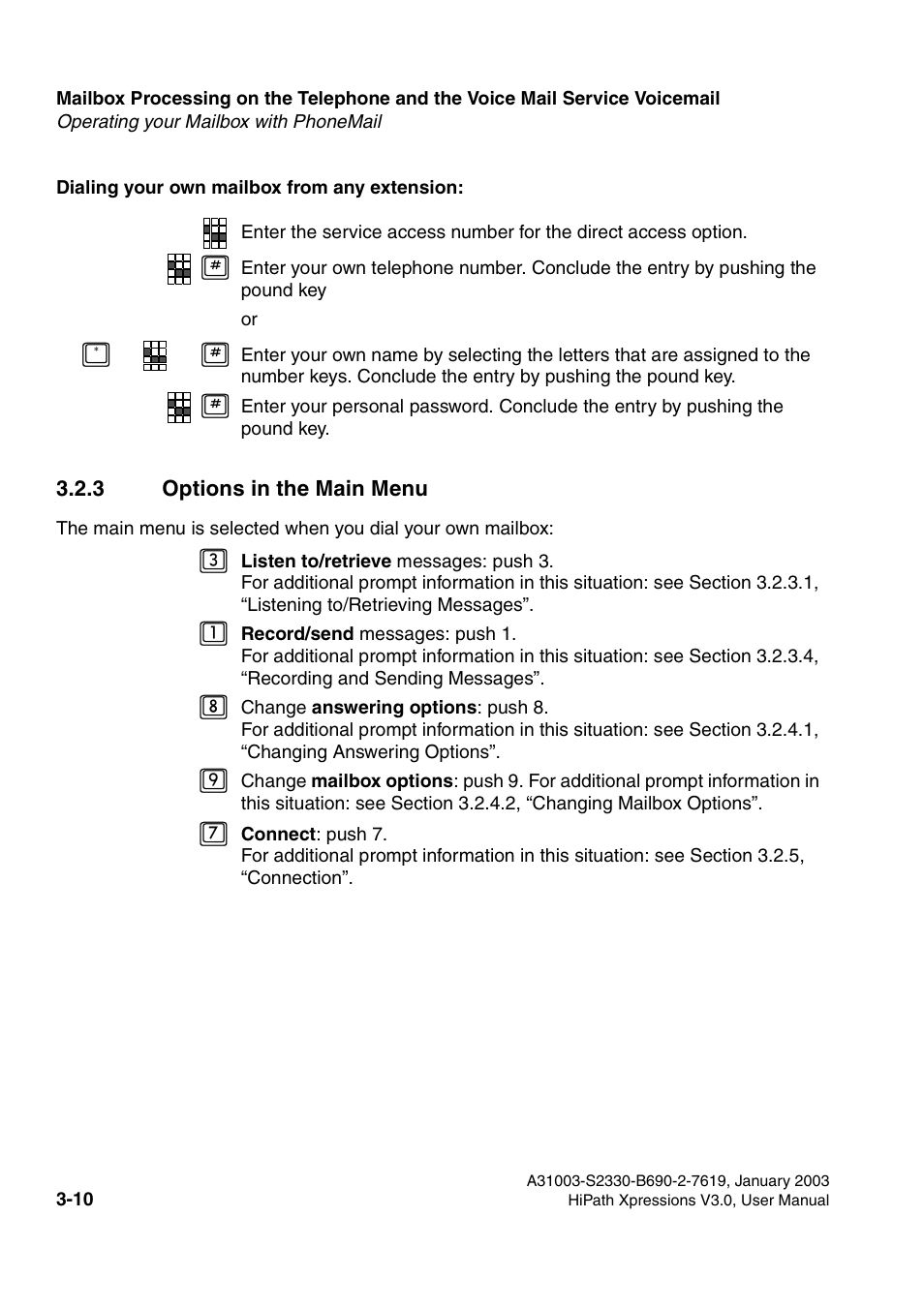 3 options in the main menu, 3 options in the main menu -10 | Siemens HiPath Xpressions Unified Messaging User Manual | Page 170 / 278