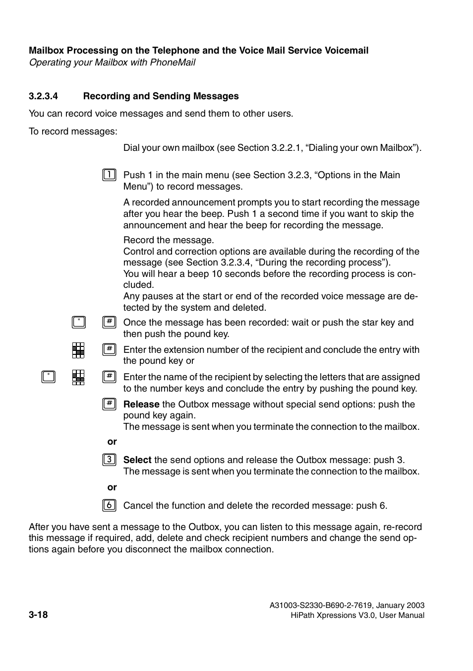 4 recording and sending messages, 4 recording and sending messages -18, Section 3.2.3.4 | Section 3.2.3.4, “recording and sending messages, E section 3.2.3.4, “recording and sending messages | Siemens HiPath Xpressions Unified Messaging User Manual | Page 178 / 278