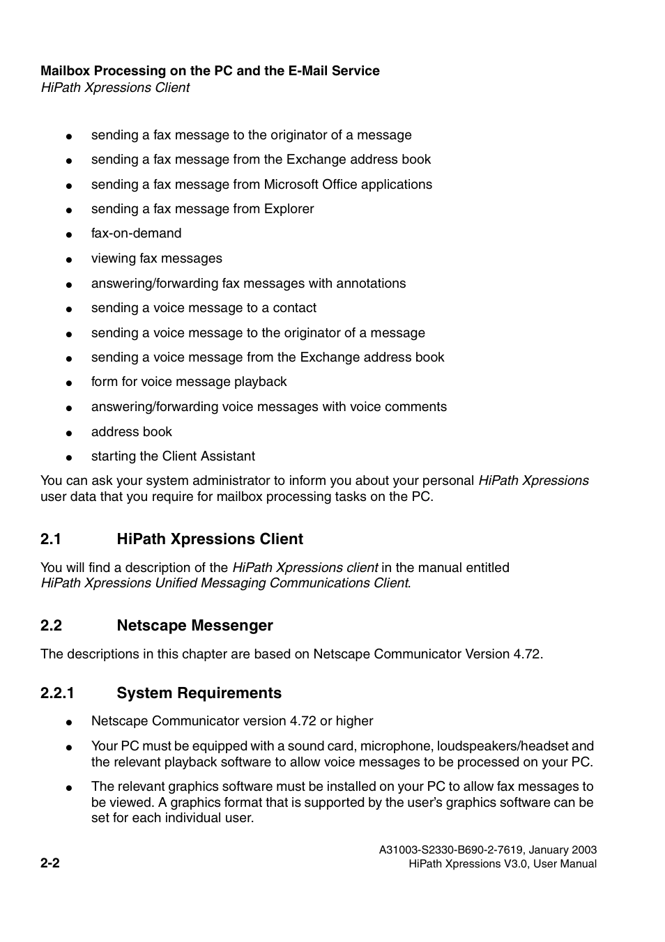 1 hipathxpressions client, 2 netscape messenger, 1 system requirements | 1 system requirements -2, E section 2.1, Section 2.2, E section 2.2, 1 hipath xpressions client | Siemens HiPath Xpressions Unified Messaging User Manual | Page 18 / 278