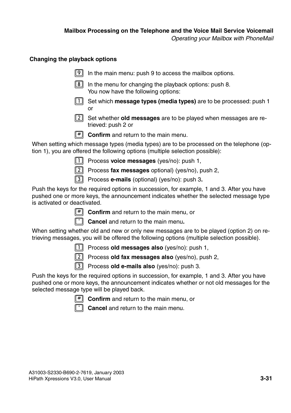 Section 3.2.4.2, “changing the playback options | Siemens HiPath Xpressions Unified Messaging User Manual | Page 191 / 278