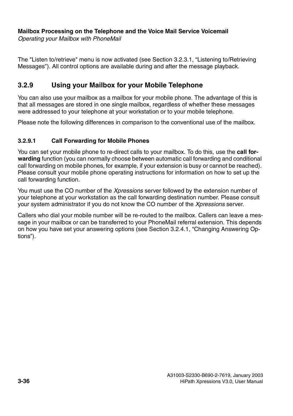 9 using your mailbox for your mobile telephone, 1 call forwarding for mobile phones, 9 using your mailbox for your mobile telephone -36 | 1 call forwarding for mobile phones -36 | Siemens HiPath Xpressions Unified Messaging User Manual | Page 196 / 278