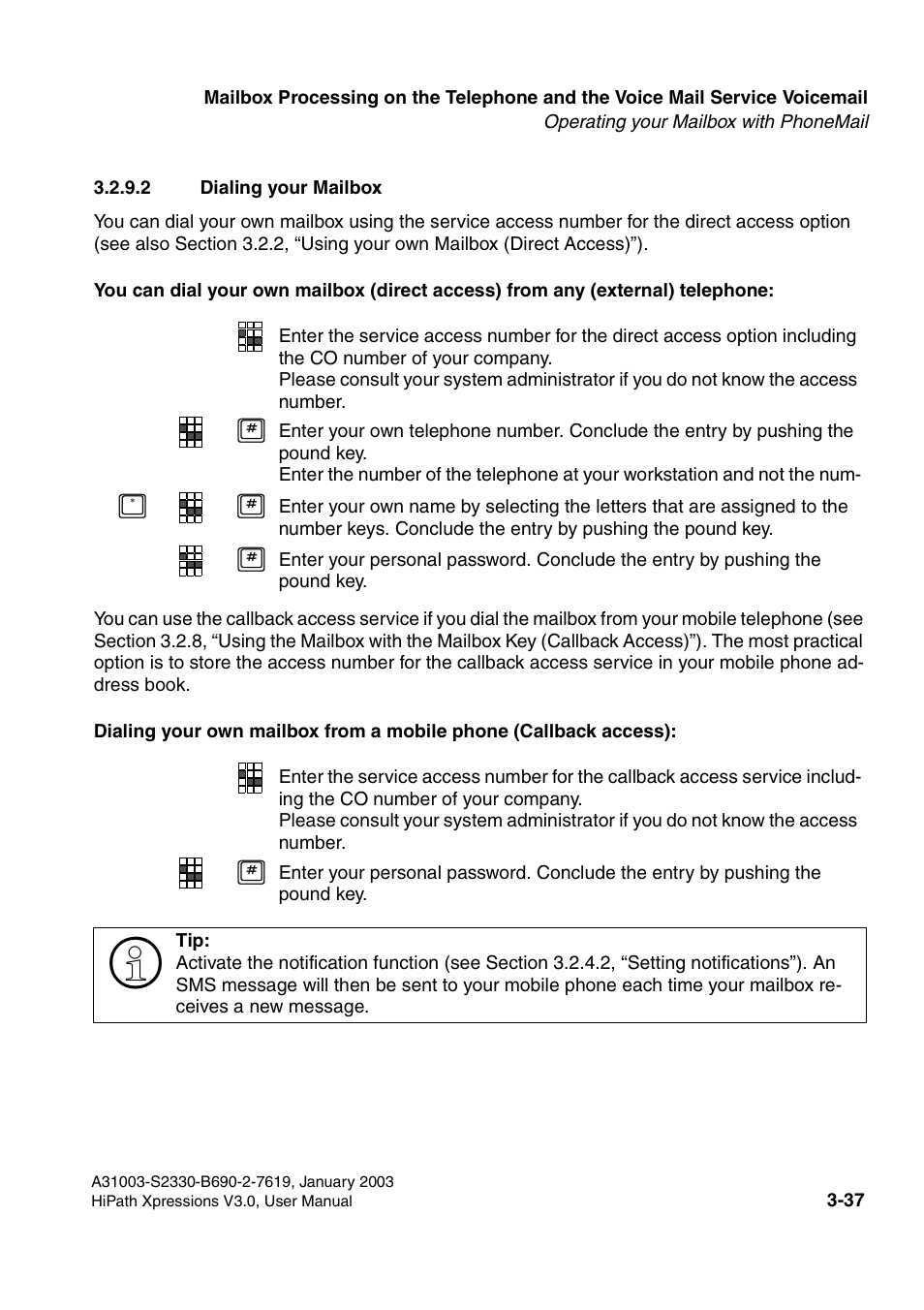 2 dialing your mailbox, 2 dialing your mailbox -37 | Siemens HiPath Xpressions Unified Messaging User Manual | Page 197 / 278