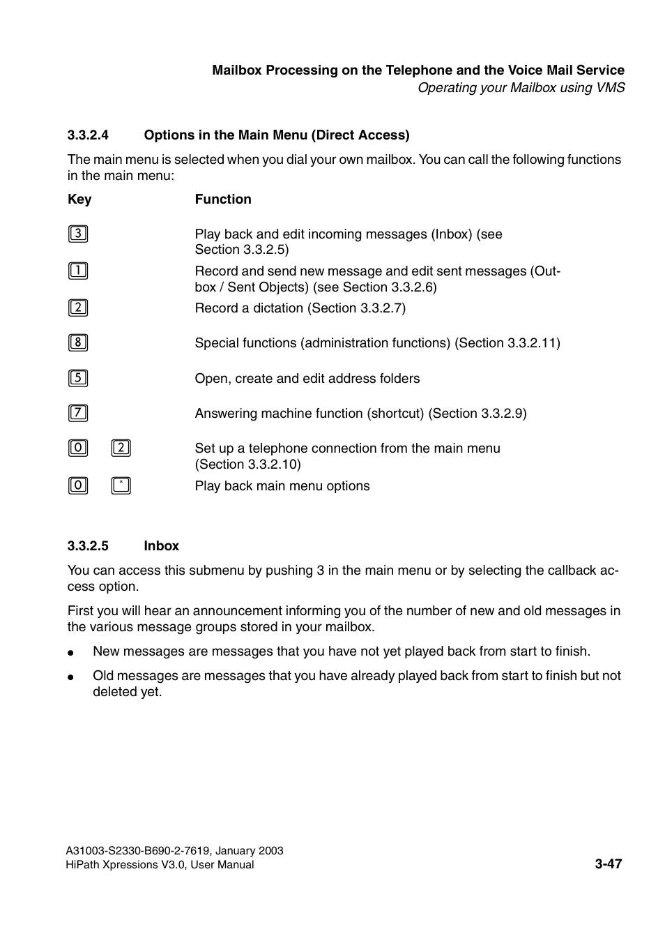 4 options in the main menu (direct access), 5 inbox | Siemens HiPath Xpressions Unified Messaging User Manual | Page 207 / 278