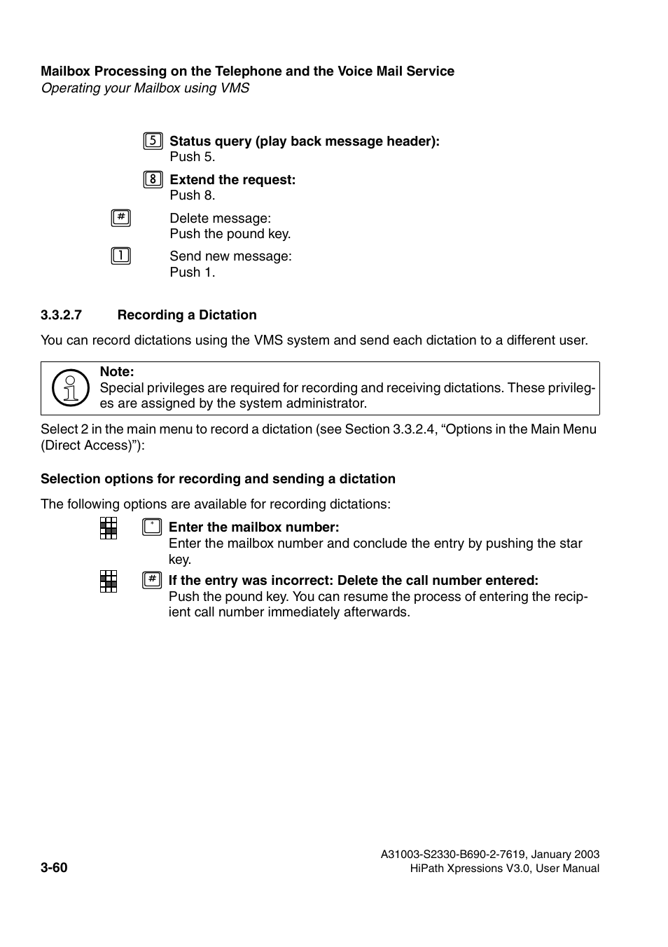 7 recording a dictation, 7 recording a dictation -60, Section 3.3.2.7) | Siemens HiPath Xpressions Unified Messaging User Manual | Page 220 / 278