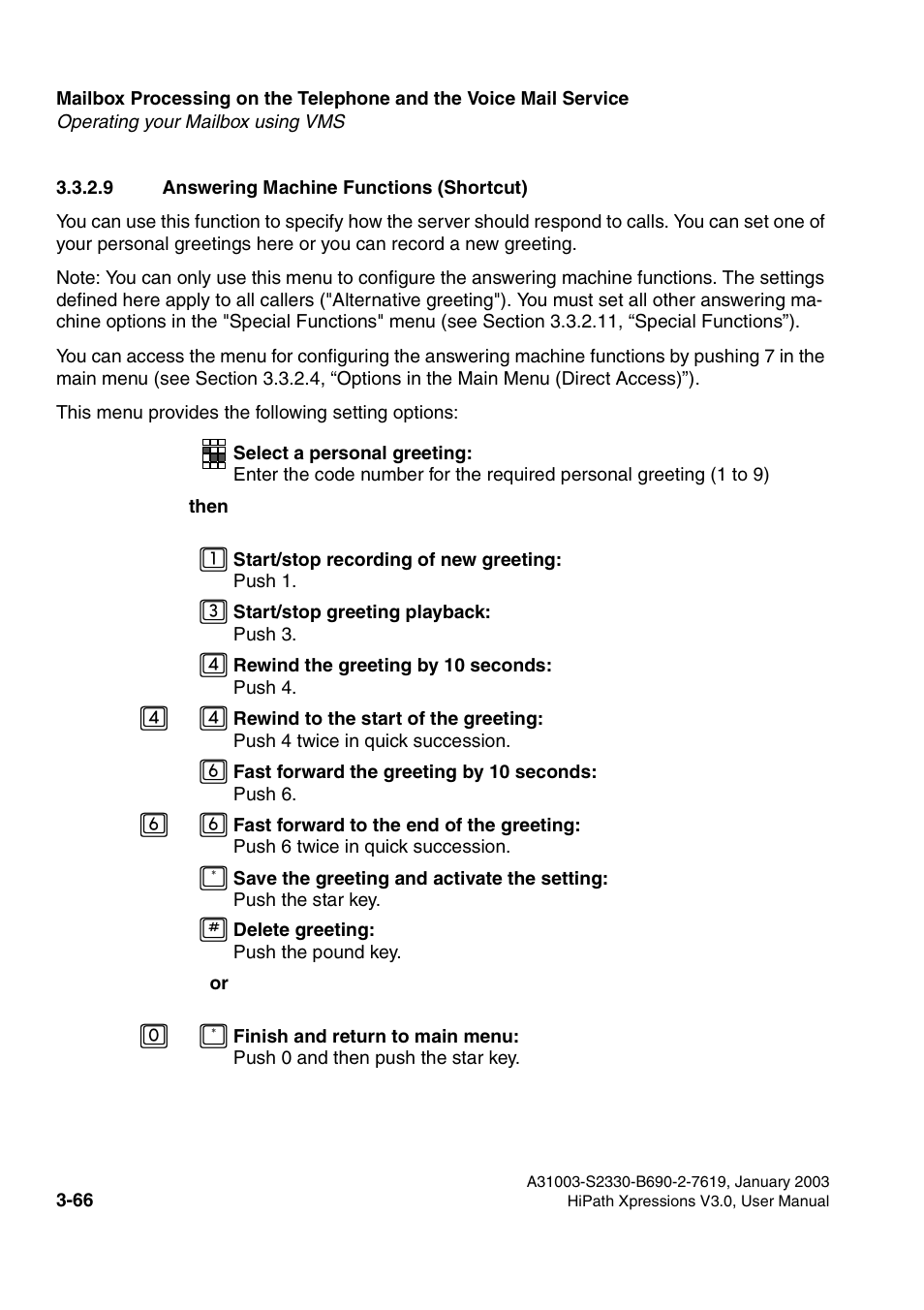 9 answering machine functions (shortcut), 9 answering machine functions (shortcut) -66, Section 3.3.2.9) | Siemens HiPath Xpressions Unified Messaging User Manual | Page 226 / 278