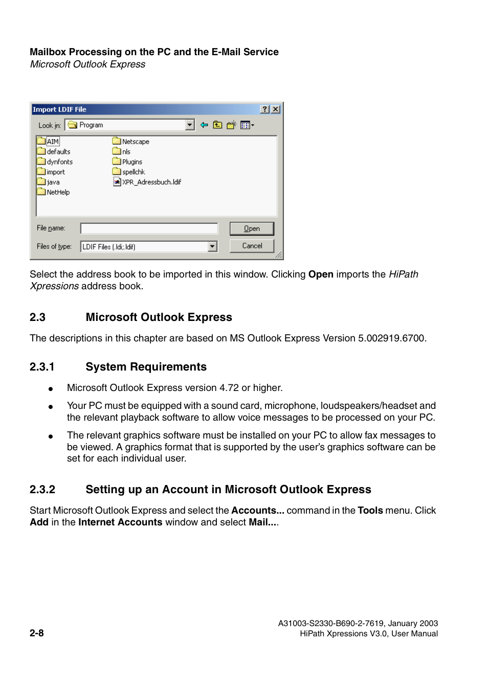 3 microsoft outlook express, 1 system requirements, 3 microsoft outlook express -8 | Section 2.3 | Siemens HiPath Xpressions Unified Messaging User Manual | Page 24 / 278