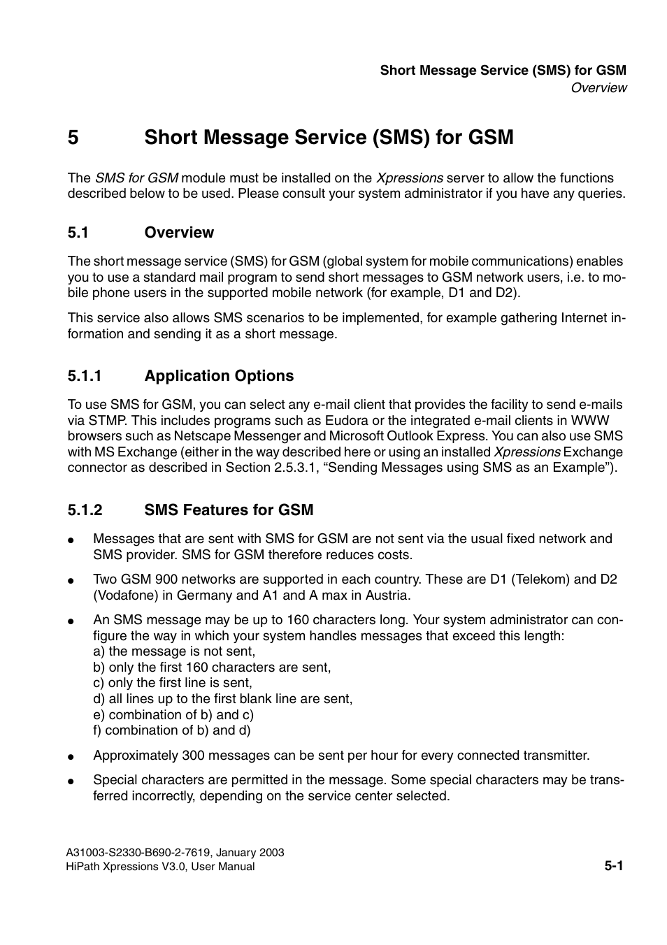 5 short message service (sms) for gsm, 1 overview, 1 application options | 2 sms features for gsm, 1 overview -1, 5short message service (sms) for gsm | Siemens HiPath Xpressions Unified Messaging User Manual | Page 265 / 278