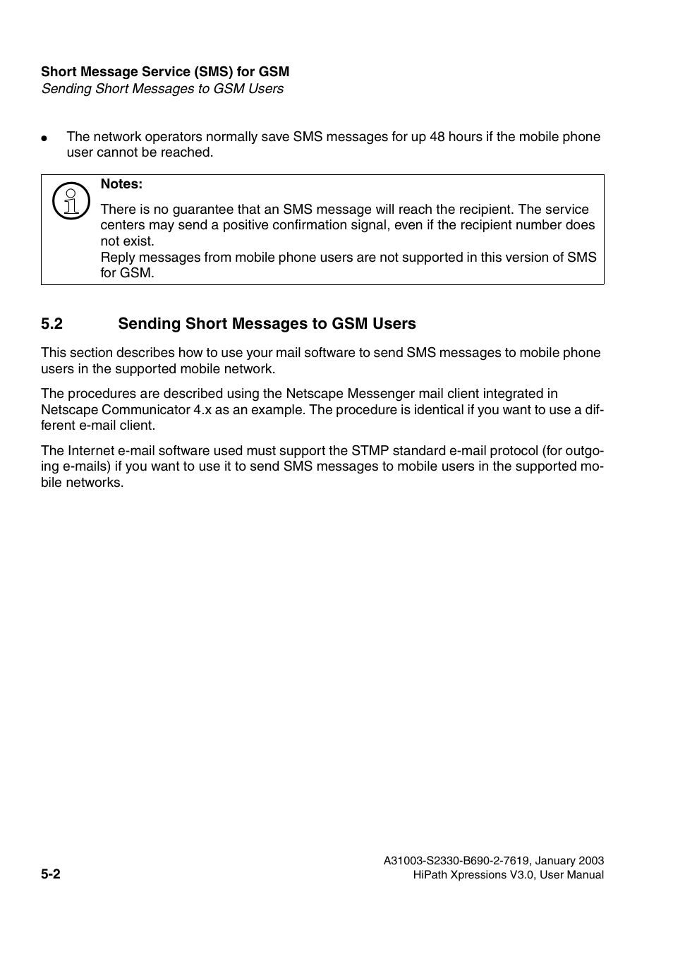 2 sending short messages to gsm users, 2 sending short messages to gsm users -2, Section 5.2 | Siemens HiPath Xpressions Unified Messaging User Manual | Page 266 / 278