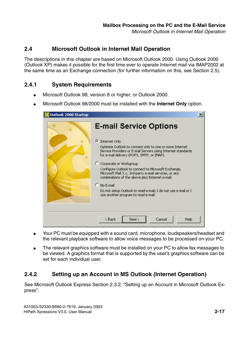 4 microsoft outlook in internet mail operation, 1 system requirements, 4 microsoft outlook in internet mail operation -17 | Section 2.4, D section 2.4, Section 2.4) | Siemens HiPath Xpressions Unified Messaging User Manual | Page 33 / 278