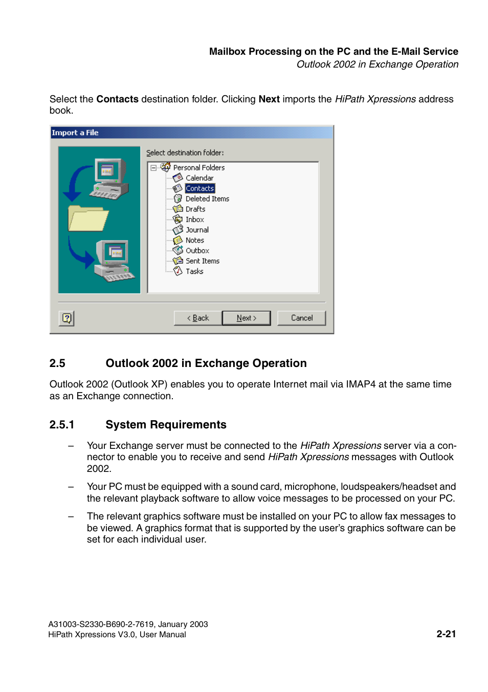 5 outlook 2002 in exchange operation, 1 system requirements, 5 outlook 2002 in exchange operation -21 | 1 system requirements -21, D section 2.5, Section 2.5 | Siemens HiPath Xpressions Unified Messaging User Manual | Page 37 / 278