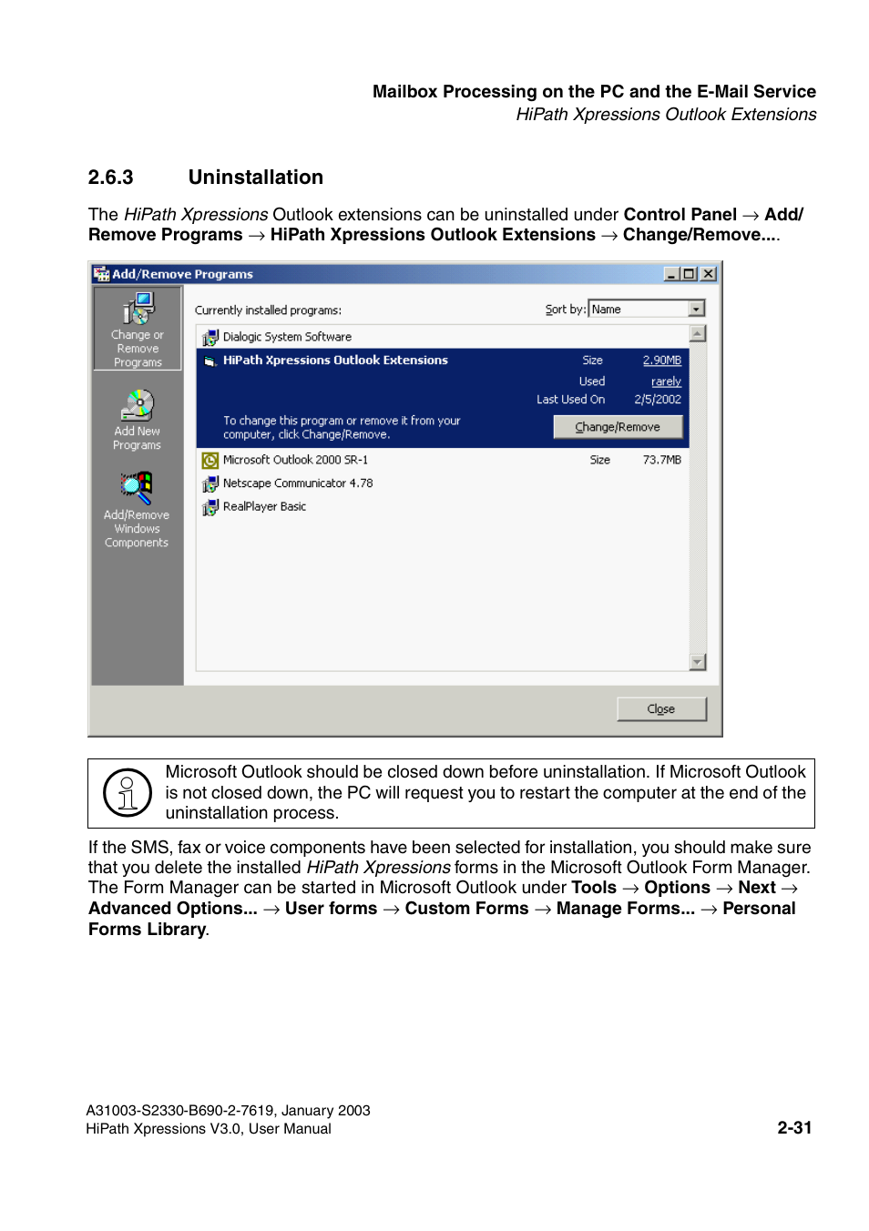 3 uninstallation, 3 uninstallation -31 | Siemens HiPath Xpressions Unified Messaging User Manual | Page 47 / 278