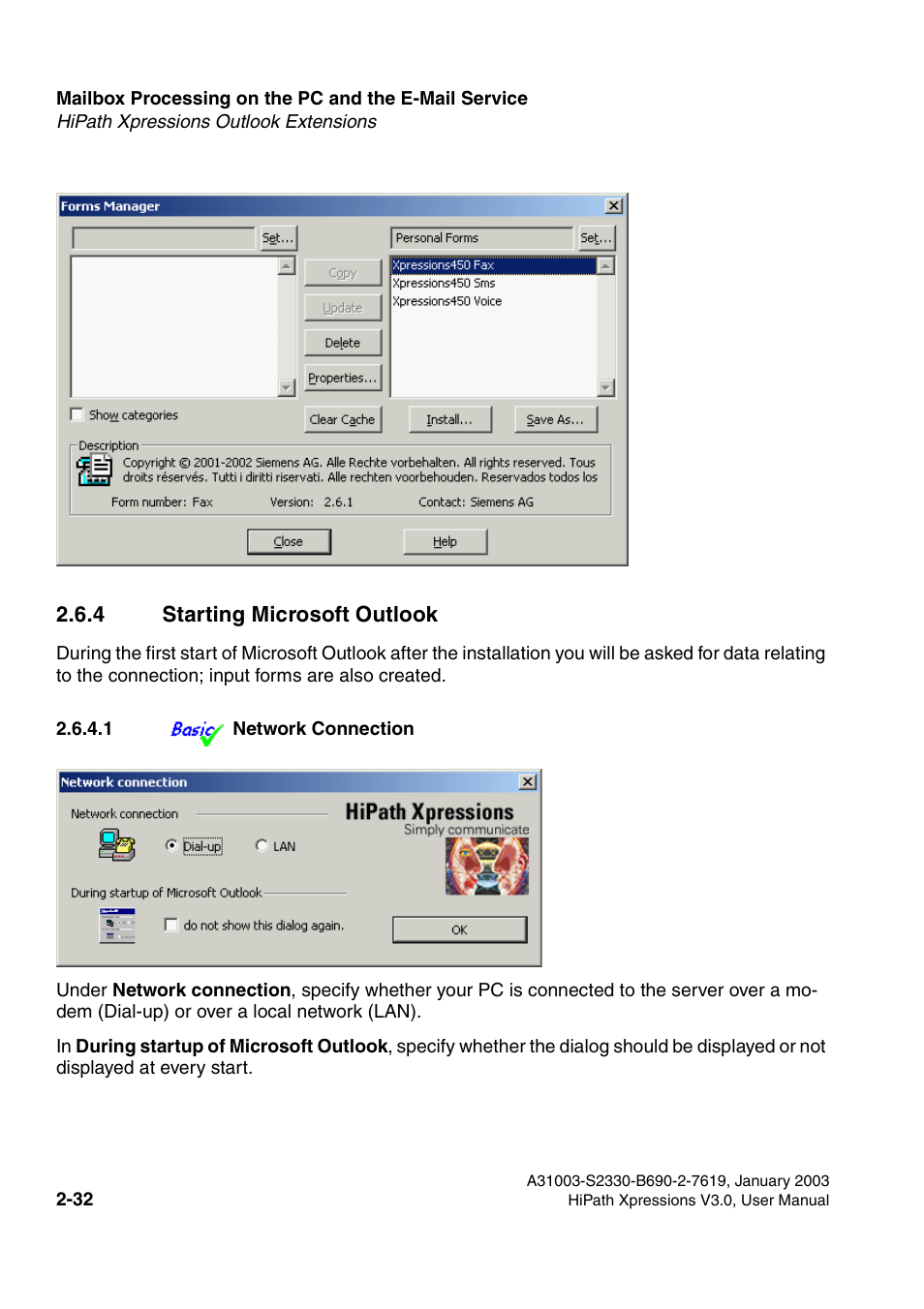 4 starting microsoft outlook, 1 network connection, 4 starting microsoft outlook -32 | 1 network connection -32 | Siemens HiPath Xpressions Unified Messaging User Manual | Page 48 / 278