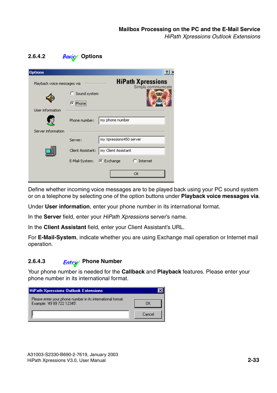 2 options, 3 phone number, 2 options -33 2.6.4.3 phone number -33 | Siemens HiPath Xpressions Unified Messaging User Manual | Page 49 / 278