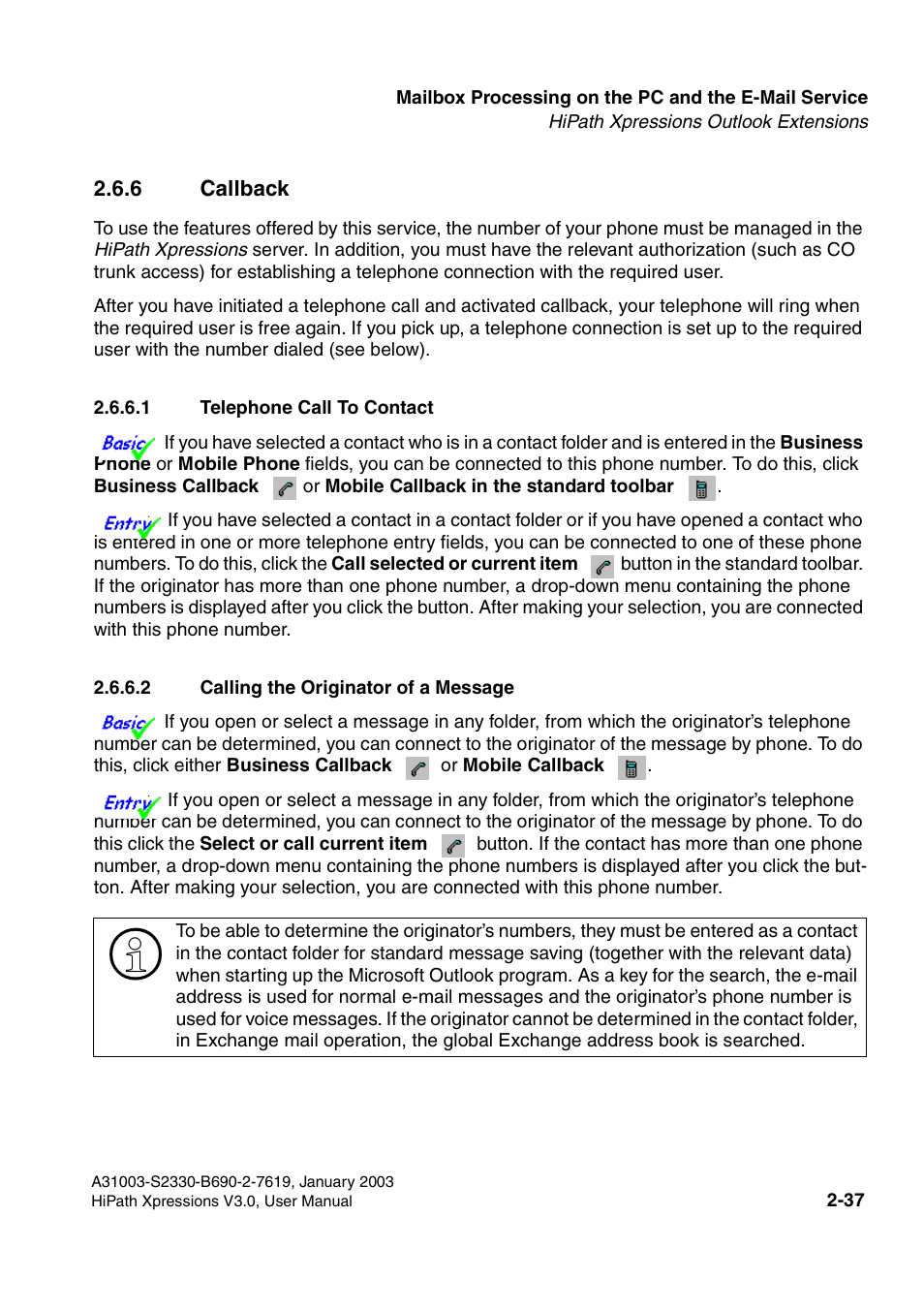 6 callback, 1 telephone call to contact, 2 calling the originator of a message | 6 callback -37 | Siemens HiPath Xpressions Unified Messaging User Manual | Page 53 / 278