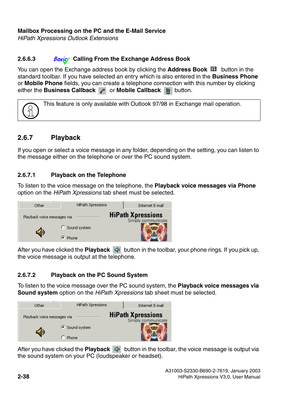 3 calling from the exchange address book, 7 playback, 1 playback on the telephone | 2 playback on the pc sound system, 3 calling from the exchange address book -38, 7 playback -38 | Siemens HiPath Xpressions Unified Messaging User Manual | Page 54 / 278