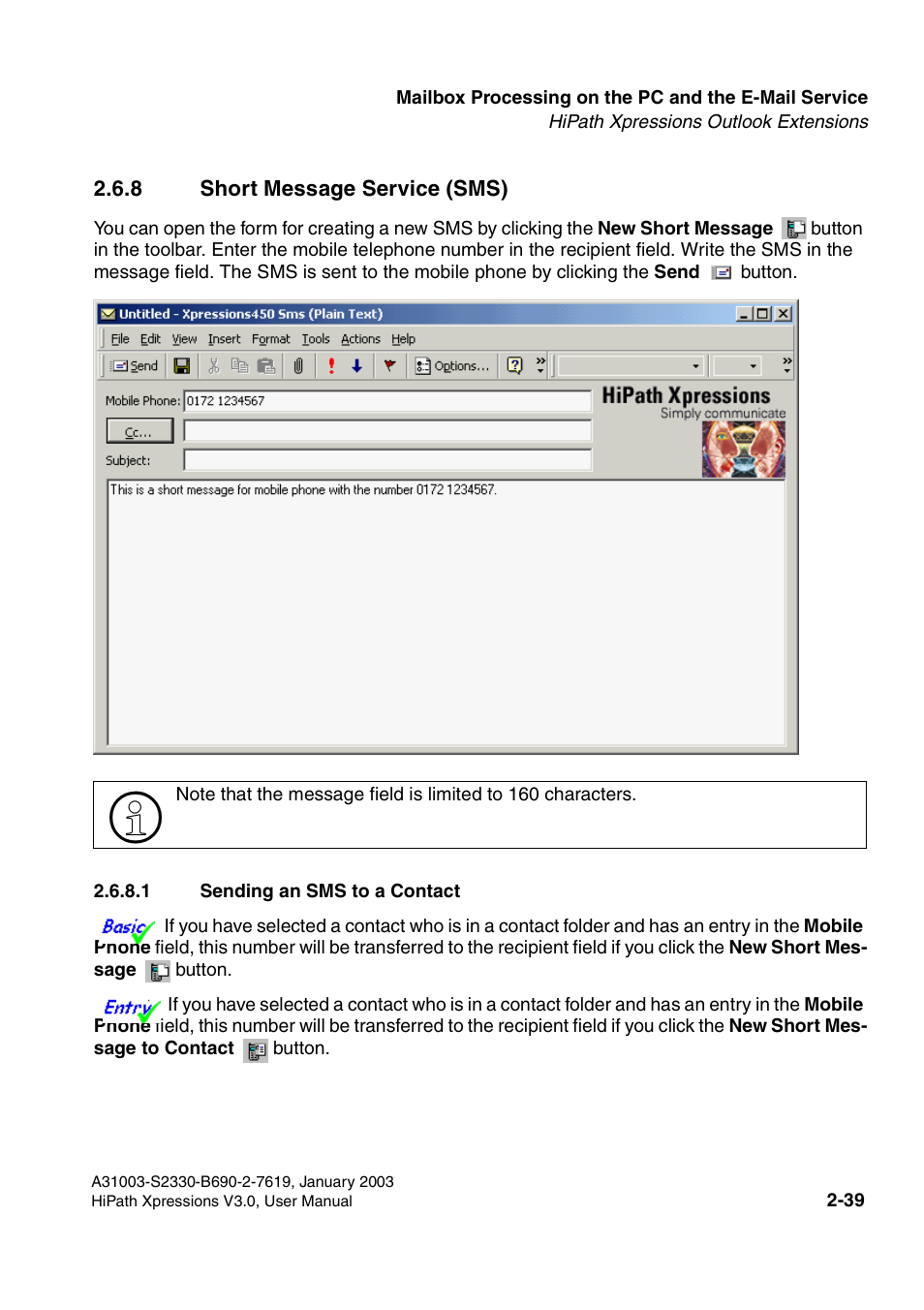 8 short message service (sms), 1 sending an sms to a contact, 8 short message service (sms) -39 | 1 sending an sms to a contact -39 | Siemens HiPath Xpressions Unified Messaging User Manual | Page 55 / 278