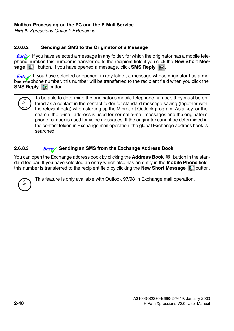 2 sending an sms to the originator of a message, 3 sending an sms from the exchange address book | Siemens HiPath Xpressions Unified Messaging User Manual | Page 56 / 278