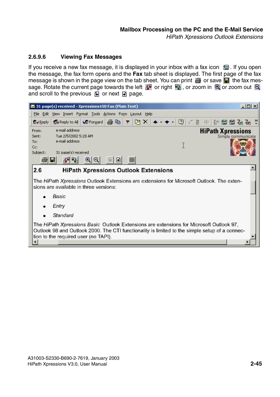 6 viewing fax messages, 6 viewing fax messages -45 | Siemens HiPath Xpressions Unified Messaging User Manual | Page 61 / 278