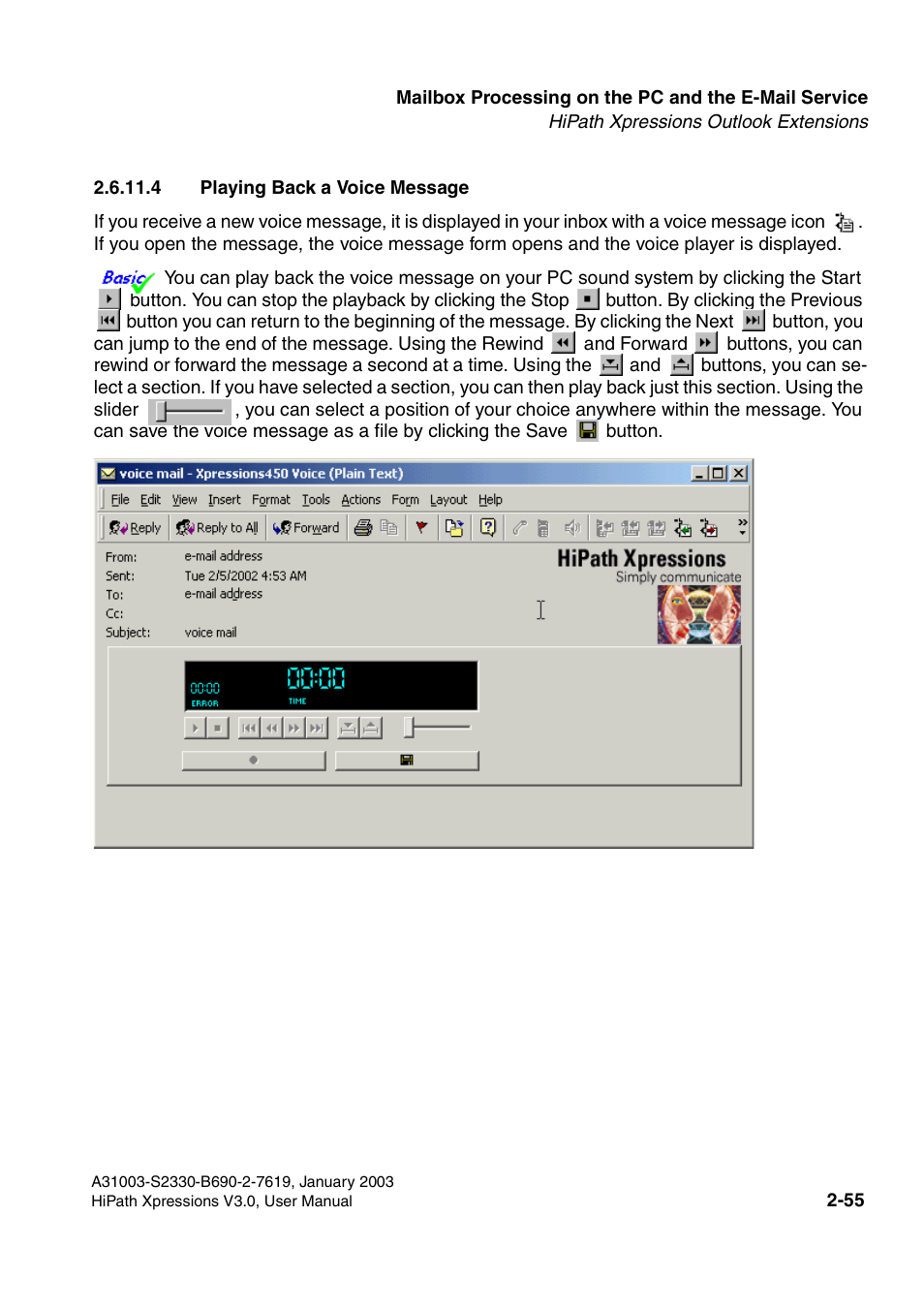 4 playing back a voice message, 4 playing back a voice message -55 | Siemens HiPath Xpressions Unified Messaging User Manual | Page 71 / 278