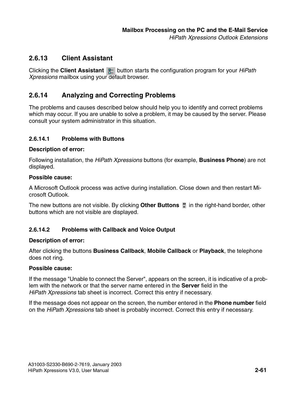 13 client assistant, 14 analyzing and correcting problems, 1 problems with buttons | 2 problems with callback and voice output | Siemens HiPath Xpressions Unified Messaging User Manual | Page 77 / 278