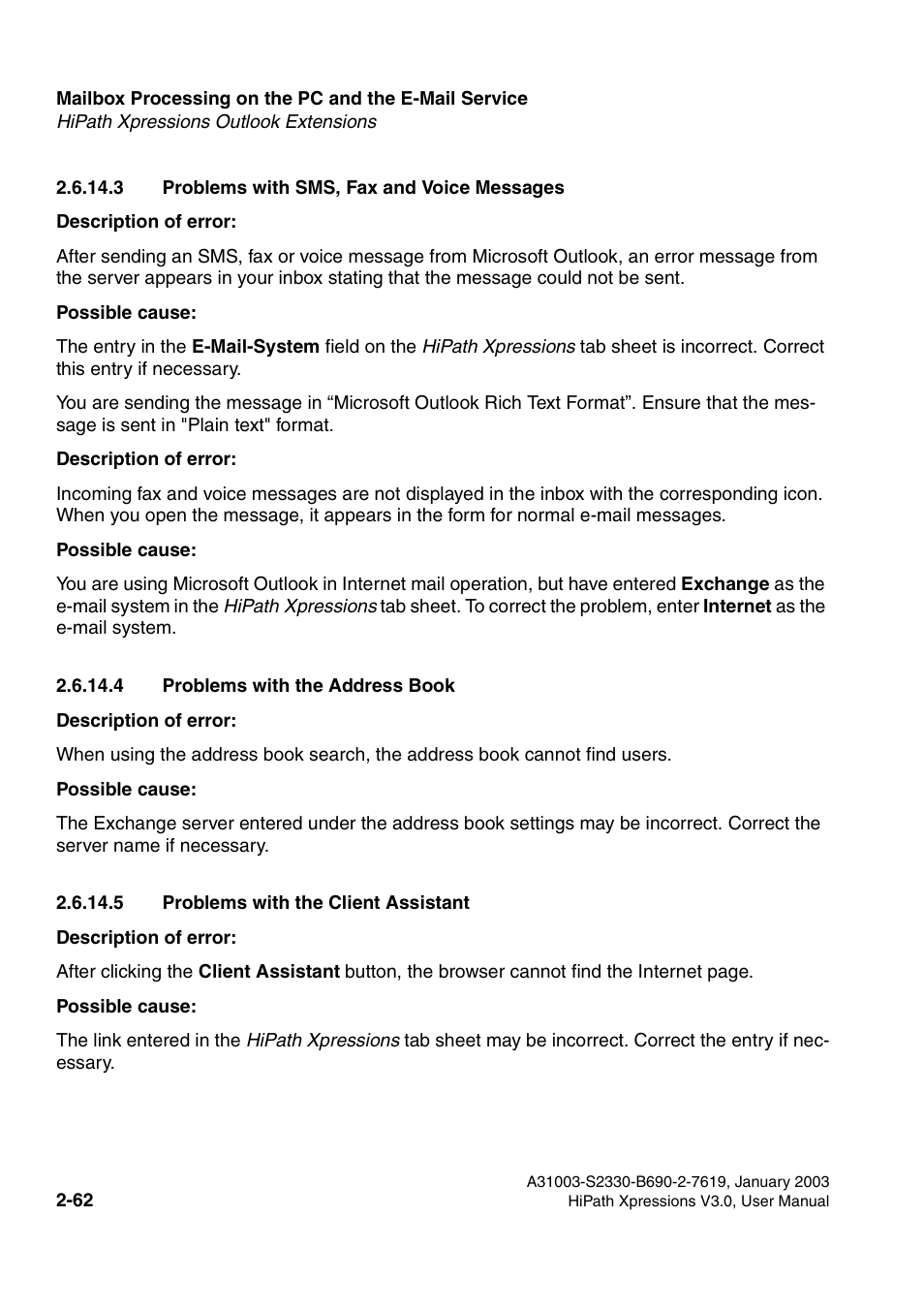 3 problems with sms, fax and voice messages, 4 problems with the address book, 5 problems with the client assistant | Siemens HiPath Xpressions Unified Messaging User Manual | Page 78 / 278