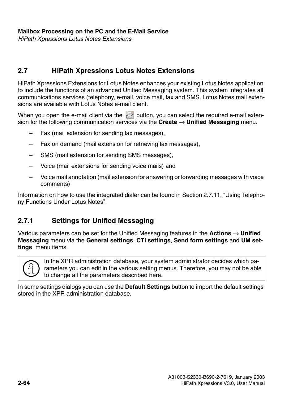 7 hipath xpressions lotus notes extensions, 1 settings for unified messaging, 7 hipath xpressions lotus notes extensions -64 | 1 settings for unified messaging -64, Section 2.7) | Siemens HiPath Xpressions Unified Messaging User Manual | Page 80 / 278