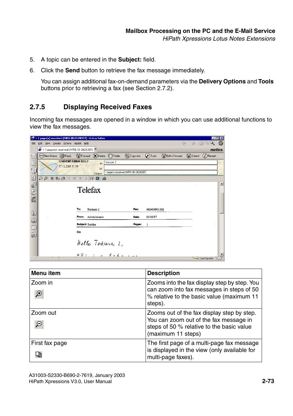 5 displaying received faxes, 5 displaying received faxes -73 | Siemens HiPath Xpressions Unified Messaging User Manual | Page 89 / 278