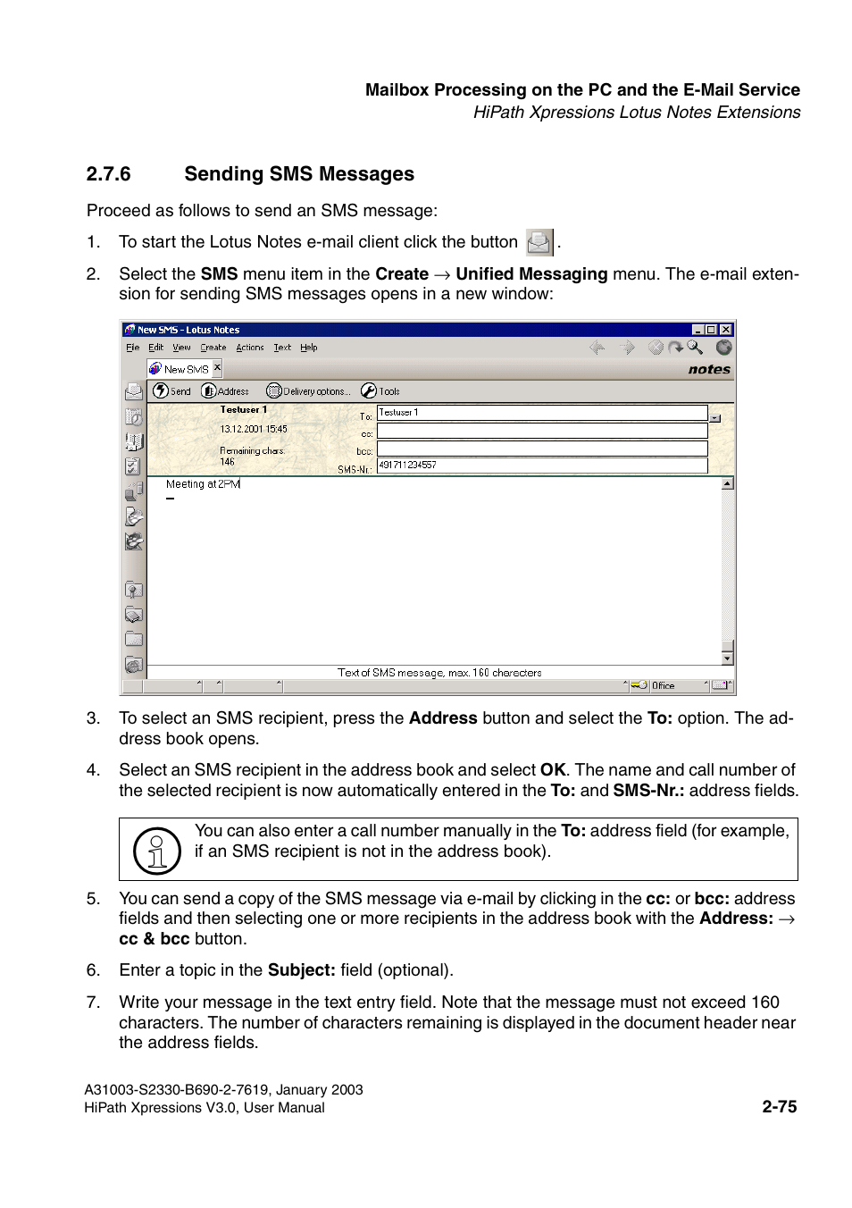 6 sending sms messages, 6 sending sms messages -75 | Siemens HiPath Xpressions Unified Messaging User Manual | Page 91 / 278