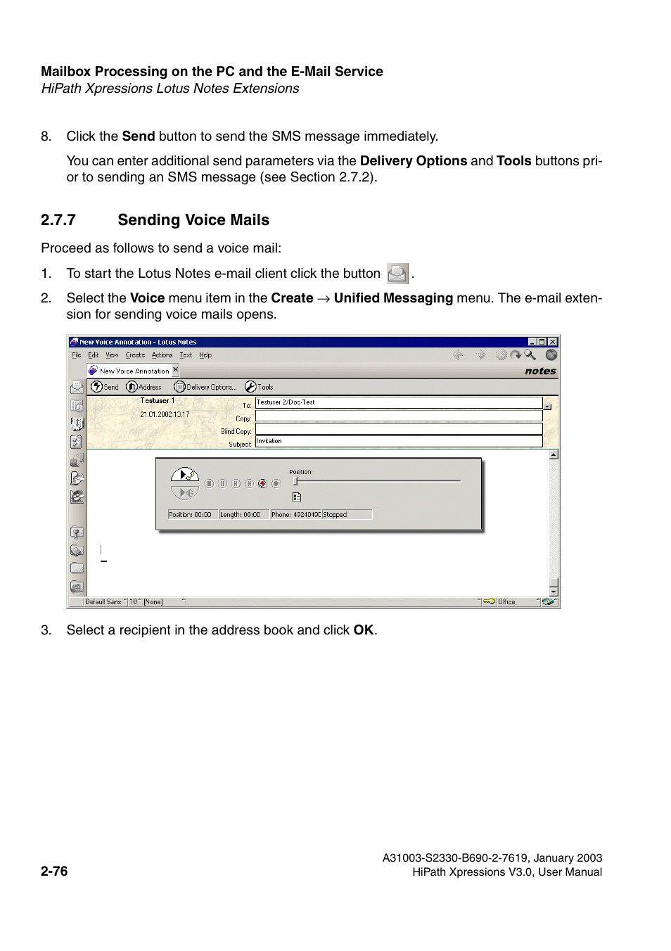 7 sending voice mails, 7 sending voice mails -76 | Siemens HiPath Xpressions Unified Messaging User Manual | Page 92 / 278