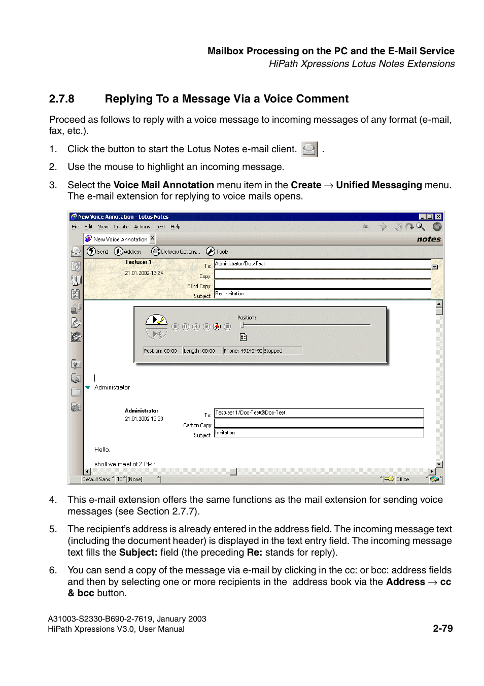 8 replying to a message via a voice comment, 8 replying to a message via a voice comment -79 | Siemens HiPath Xpressions Unified Messaging User Manual | Page 95 / 278