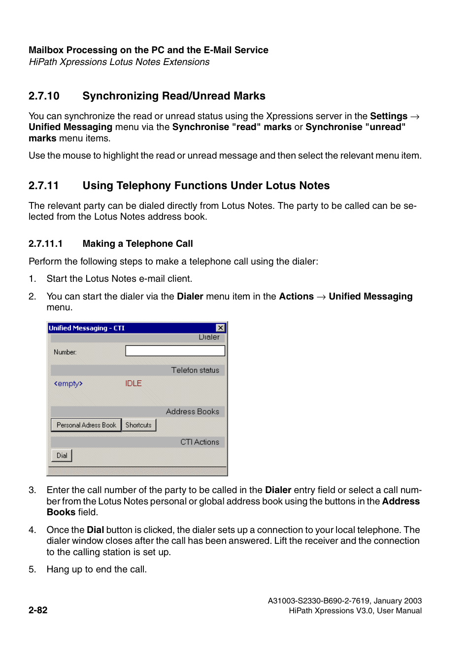 10 synchronizing read/unread marks, 11 using telephony functions under lotus notes, 1 making a telephone call | 1 making a telephone call -82 | Siemens HiPath Xpressions Unified Messaging User Manual | Page 98 / 278