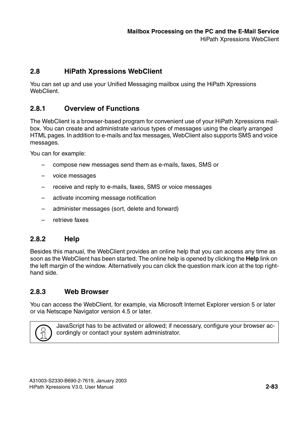 8 hipath xpressions webclient, 1 overview of functions, 2 help | 3 web browser, 8 hipath xpressions webclient -83, Section 2.8) | Siemens HiPath Xpressions Unified Messaging User Manual | Page 99 / 278