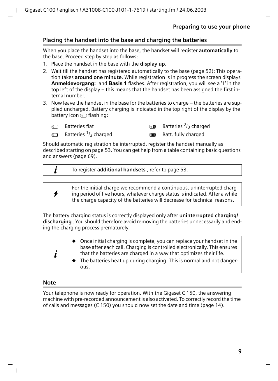 Note | Siemens Gigaset C100 DECT User Manual | Page 10 / 87