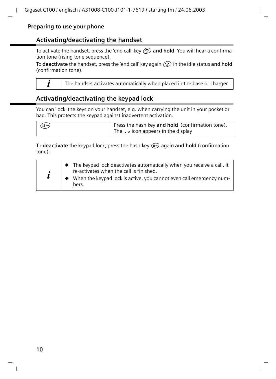 Activating/deactivating the handset, Activating/deactivating the keypad lock | Siemens Gigaset C100 DECT User Manual | Page 11 / 87