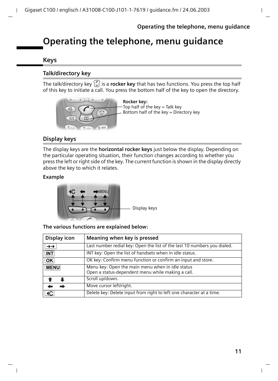 Operating the telephone, menu guidance, Keys, Talk/directory key | Display keys | Siemens Gigaset C100 DECT User Manual | Page 12 / 87