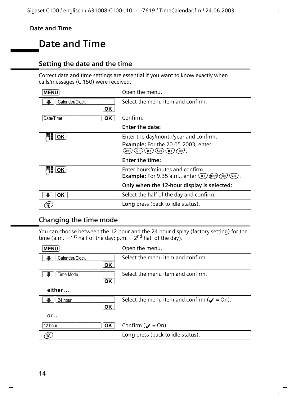 Date and time, Setting the date and the time, Changing the time mode | Siemens Gigaset C100 DECT User Manual | Page 15 / 87