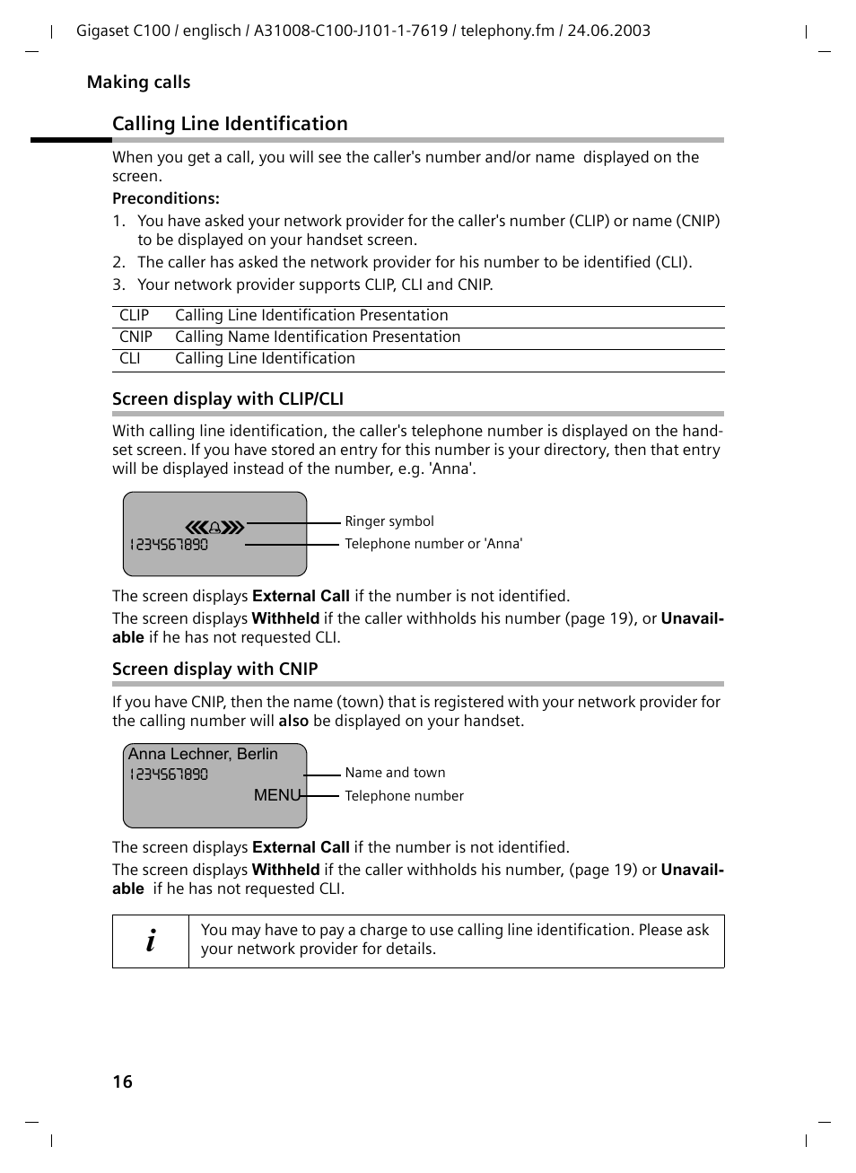 Calling line identification, Screen display with clip/cli, Screen display with cnip | Siemens Gigaset C100 DECT User Manual | Page 17 / 87