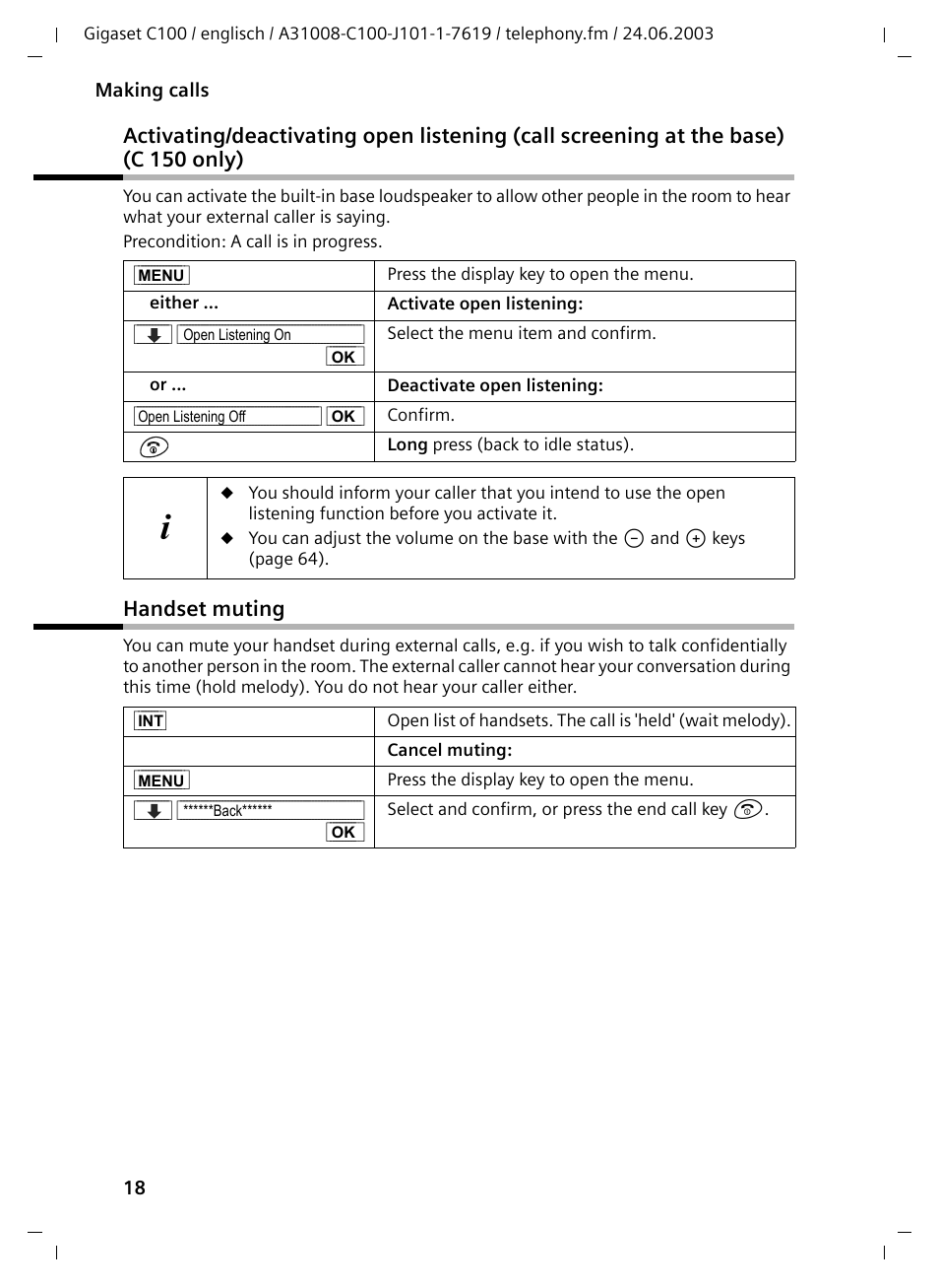 Handset muting | Siemens Gigaset C100 DECT User Manual | Page 19 / 87