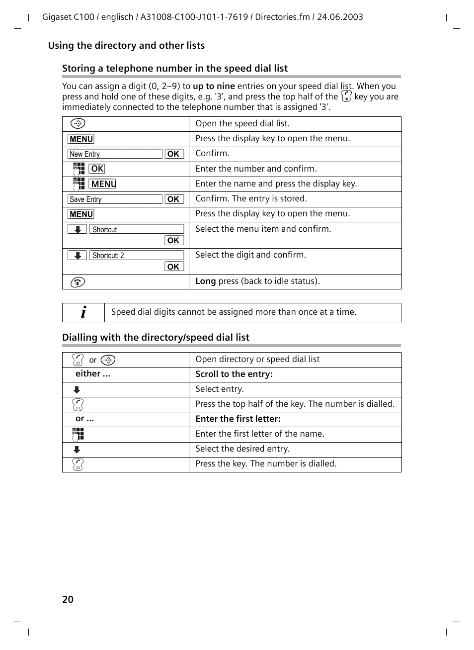 Storing a telephone number in the speed dial list, Dialling with the directory/speed dial list | Siemens Gigaset C100 DECT User Manual | Page 21 / 87