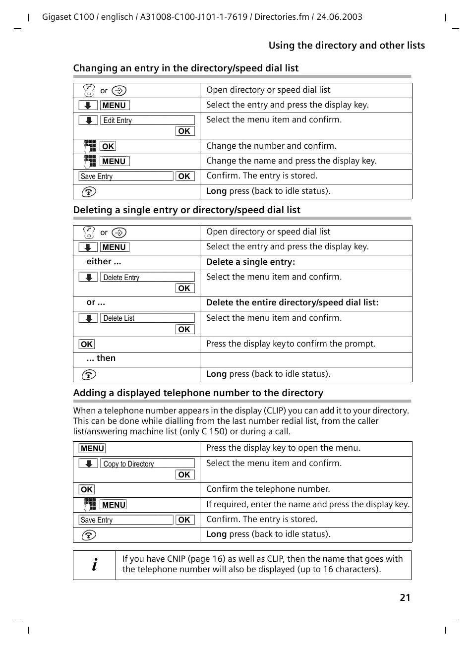 Changing an entry in the directory/speed dial list | Siemens Gigaset C100 DECT User Manual | Page 22 / 87